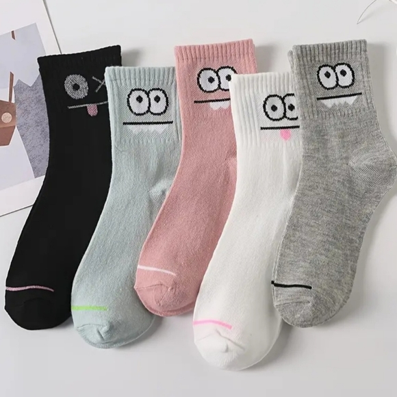 5 Pairs Funny Face Print Socks, Comfy & Casual Mid Tube Socks - NWOT - Picture 1 of 7